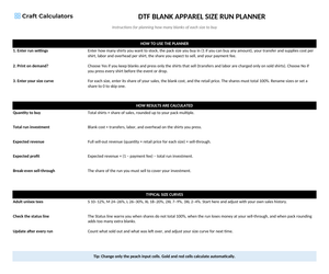 DTF Blank Apparel Size Run Planner instructions tab explaining how to use the workbook and what the results mean