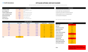DTF Blank Apparel Size Run Planner screenshot showing inputs, calculated results, and status line