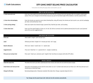 DTF Gang Sheet Selling Price Calculator instructions tab explaining how to use the workbook and what the results mean