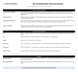 DTF In-House Print Cost Calculator instructions tab explaining how to use the workbook and what the results mean