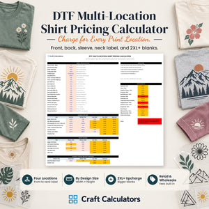 DTF Multi-Location Shirt Pricing Calculator spreadsheet by Craft Calculators for DTF shirt makers