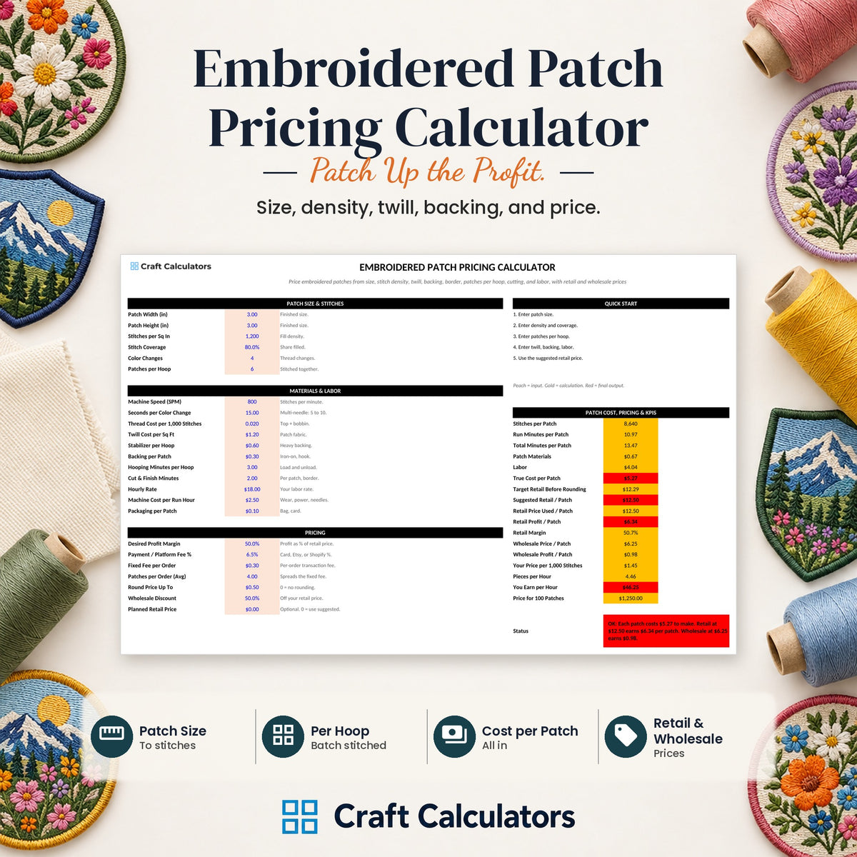 Embroidered Patch Pricing Calculator spreadsheet by Craft Calculators for handmade sellers