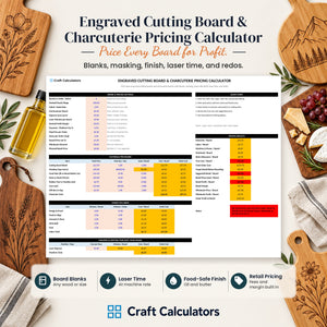 Engraved Cutting Board & Charcuterie Pricing Calculator spreadsheet by Craft Calculators for laser engraving businesses