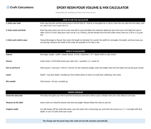 Epoxy Resin Pour Volume & Mix Calculator instructions tab explaining how to use the workbook and what the results mean