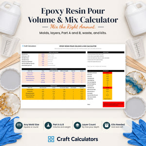 Epoxy Resin Pour Volume & Mix Calculator spreadsheet by Craft Calculators for resin artists