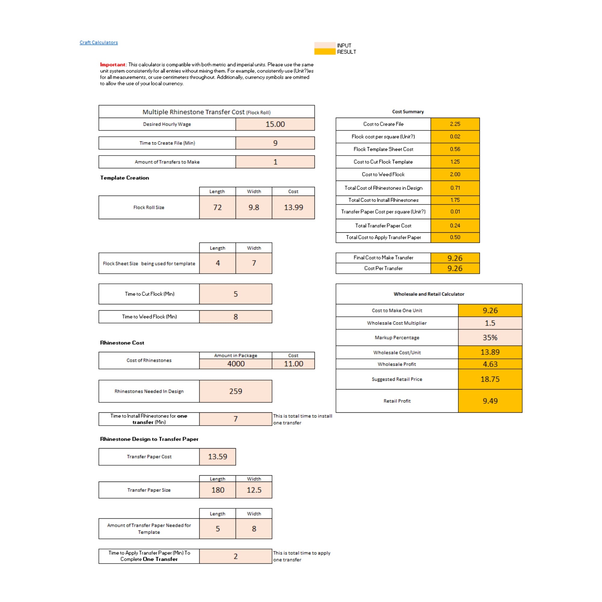 Multiple Rhinestone Transfer Cost Calculator (Flock Roll)