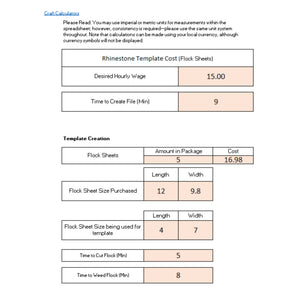 Flock Sheet Rhinestone Template Spreadsheet showing template material and labor cost fields.