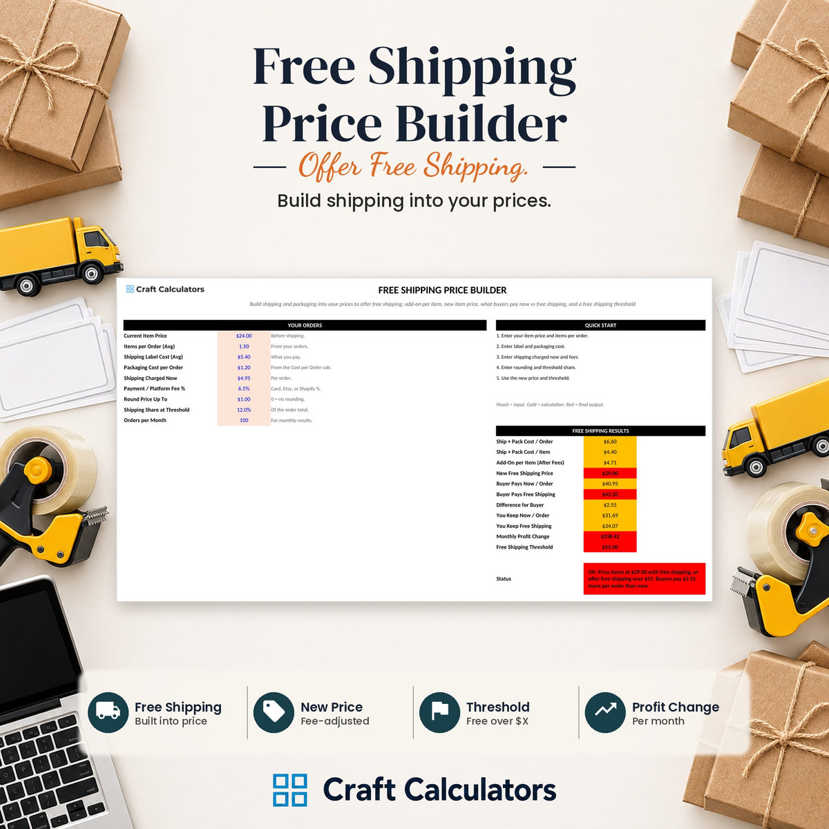 Free Shipping Price Builder spreadsheet by Craft Calculators for handmade sellers