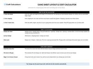 Gang Sheet Layout & Cost Calculator instructions tab explaining how to use the workbook and what the results mean
