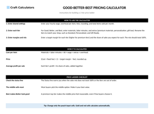 Good-Better-Best Pricing Calculator instructions tab explaining how to use the workbook and what the results mean