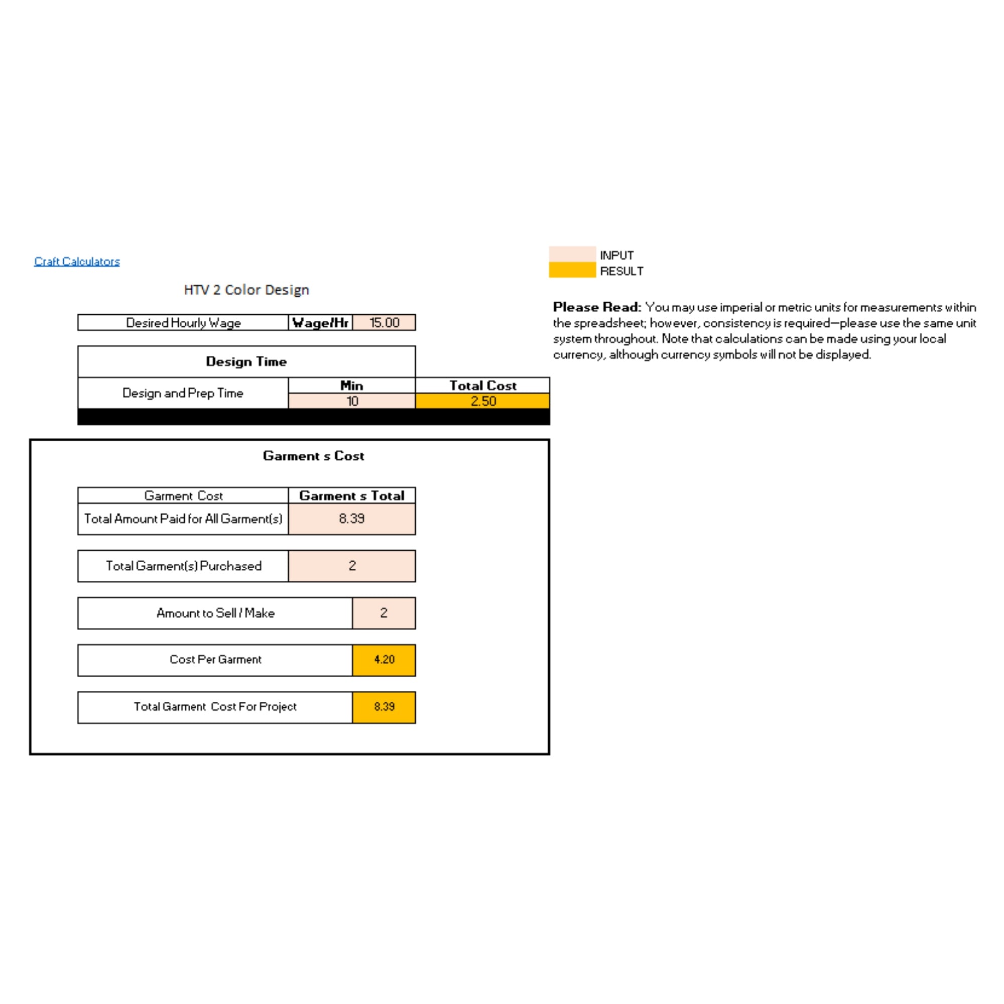 HTV 2 Color Design Product Cost Calculator (Universal Products)