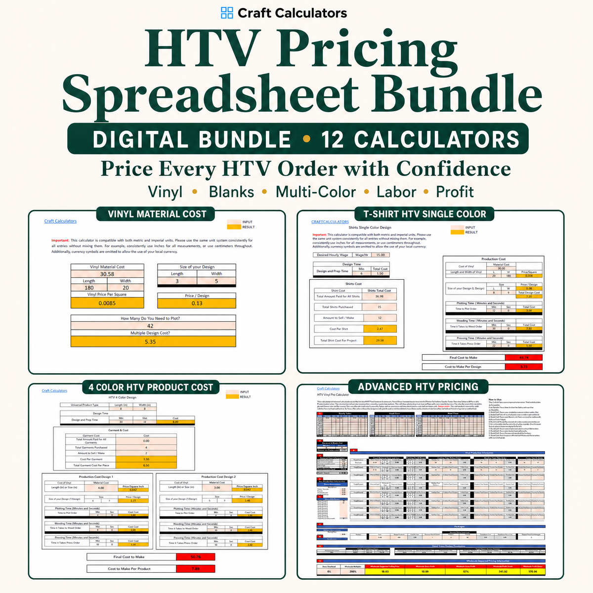 HTV Pricing Spreadsheet Bundle – 12 Editable Pricing Tools