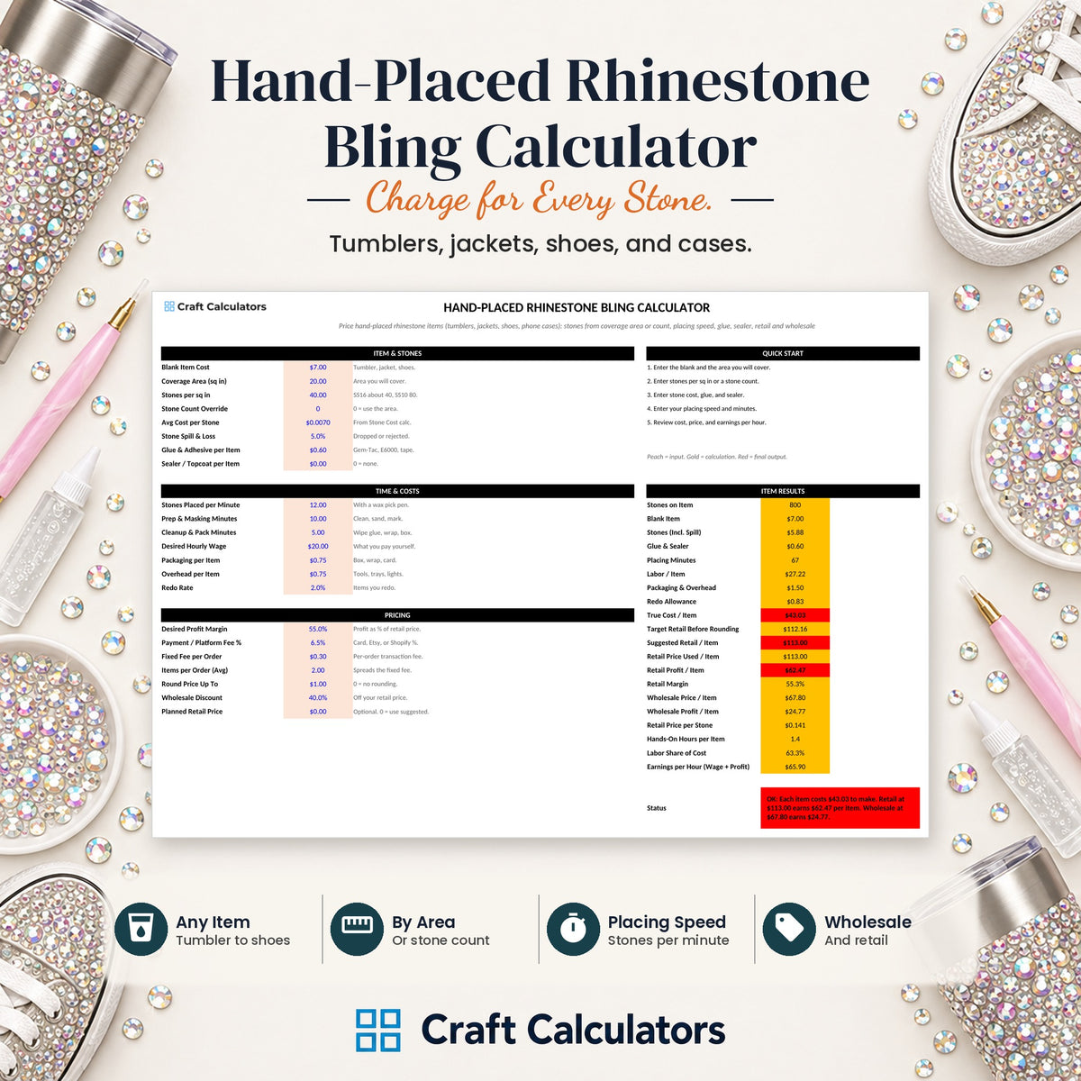 Hand-Placed Rhinestone Bling Calculator spreadsheet by Craft Calculators for rhinestone sellers