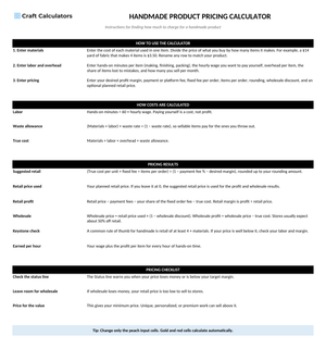 Handmade Product Pricing Calculator instructions tab explaining how to use the workbook and what the results mean