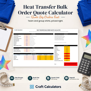 Heat Transfer Bulk Order Quote Calculator spreadsheet by Craft Calculators for handmade sellers