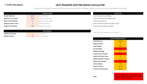 Heat Transfer Cost per Design Calculator screenshot showing inputs, calculated results, and status line