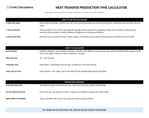 Heat Transfer Production Time Calculator instructions tab explaining how to use the workbook and what the results mean
