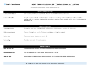 Heat Transfer Supplier Comparison Calculator instructions tab explaining how to use the workbook and what the results mean