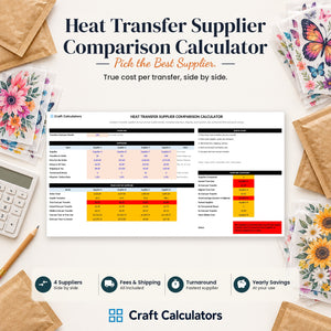 Heat Transfer Supplier Comparison Calculator spreadsheet by Craft Calculators for handmade sellers