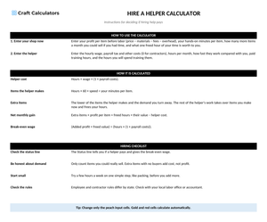 Hire a Helper Calculator instructions tab explaining how to use the workbook and what the results mean