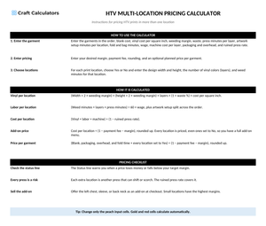 HTV Multi-Location Pricing Calculator instructions tab explaining how to use the workbook and what the results mean