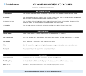 HTV Names & Numbers (Jersey) Calculator instructions tab explaining how to use the workbook and what the results mean