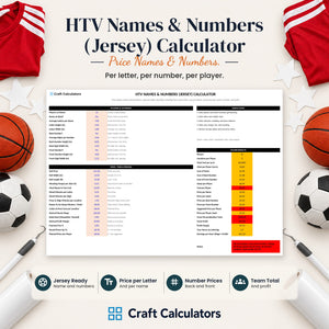 HTV Names & Numbers (Jersey) Calculator spreadsheet by Craft Calculators for HTV sellers