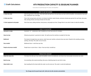 HTV Production Capacity & Deadline Planner instructions tab explaining how to use the workbook and what the results mean