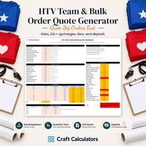 HTV Team & Bulk Order Quote Generator spreadsheet by Craft Calculators for HTV sellers