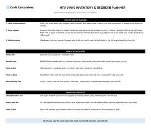 HTV Vinyl Inventory & Reorder Planner instructions tab explaining how to use the workbook and what the results mean