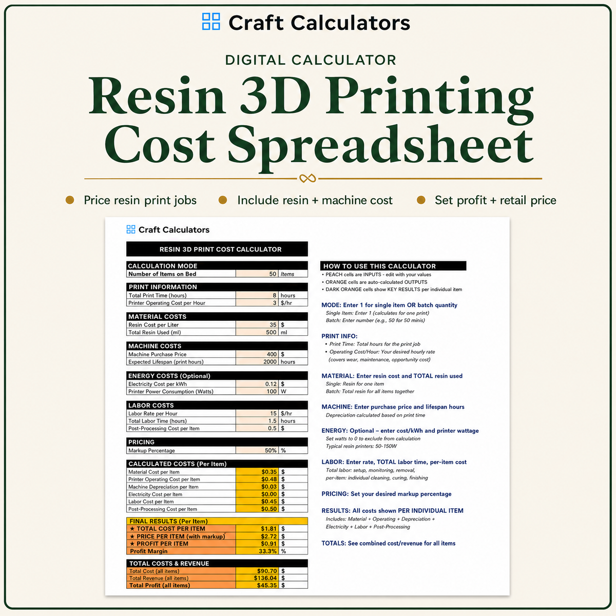 3D Printing Pricing Spreadsheet Bundle – 6 Editable Pricing Tools