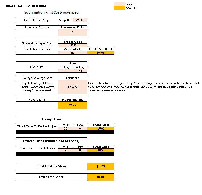 Sublimation Design Cost- Ink Cost- Calculator