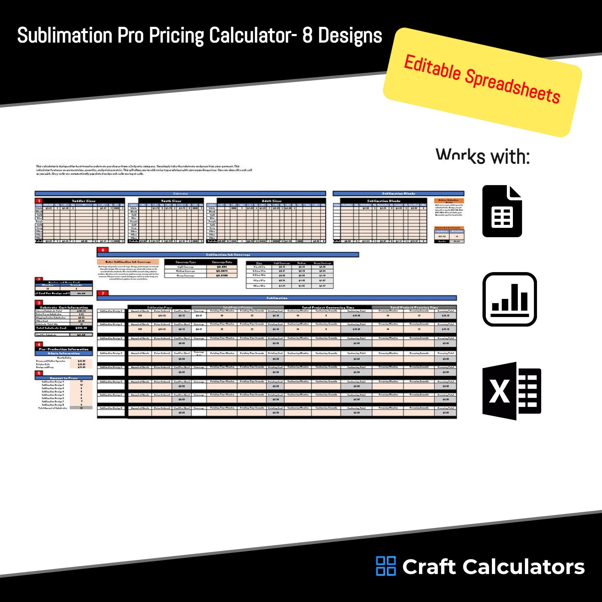 8 Designs Sublimation Pricing Calculator interface showcasing cost estimation for sublimation products.