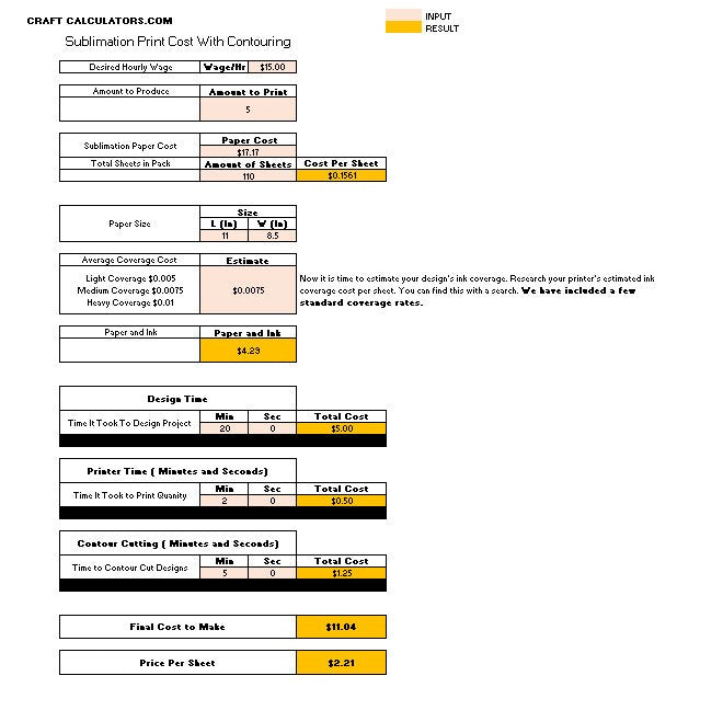 Sublimation Design Cost | Contour Cutting | Ink Cost Calculator Spreadsheet
