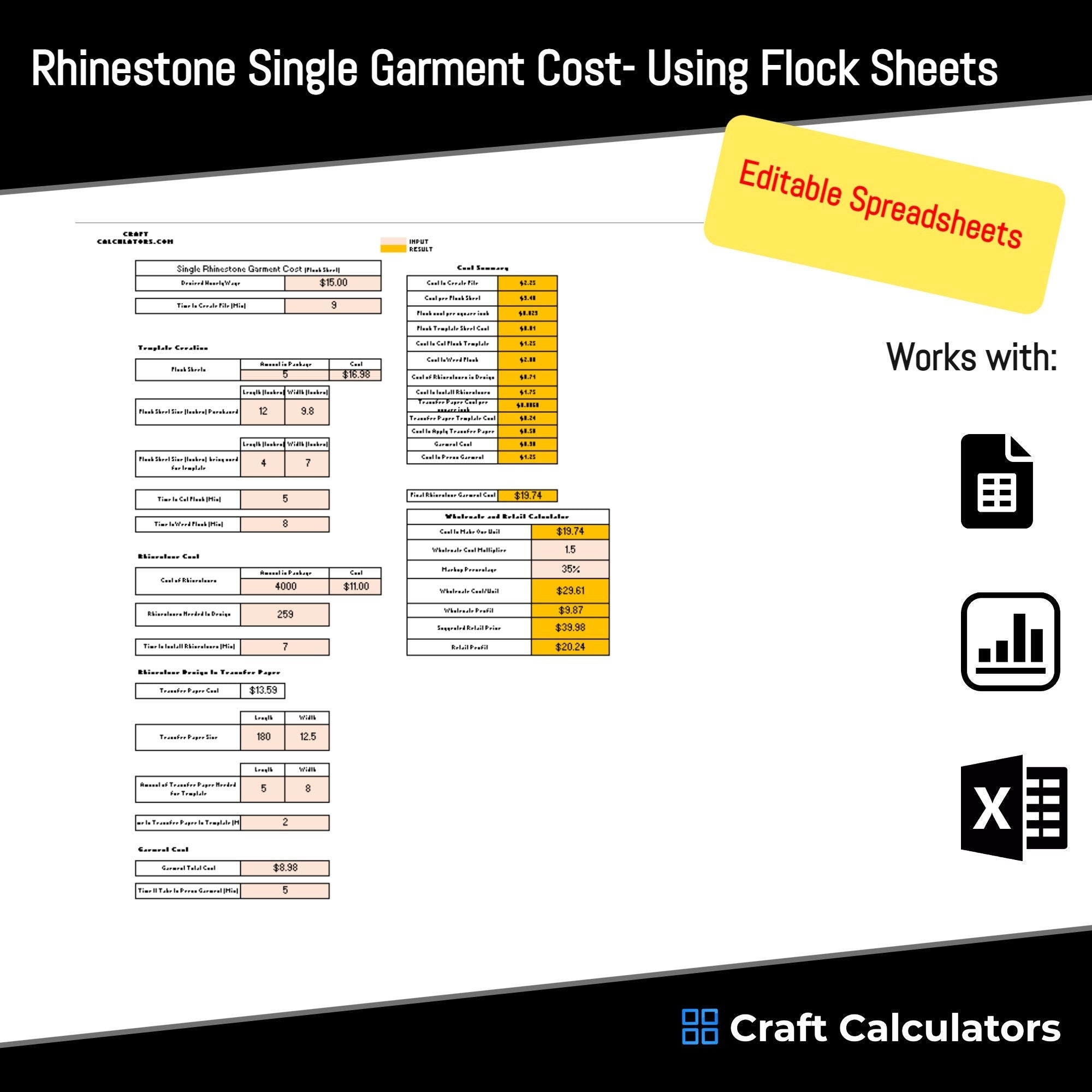 Rhinestone Single Garment Cost Calculator- Using Flock Sheets | Rhinestone Product Calculator Spreadsheet