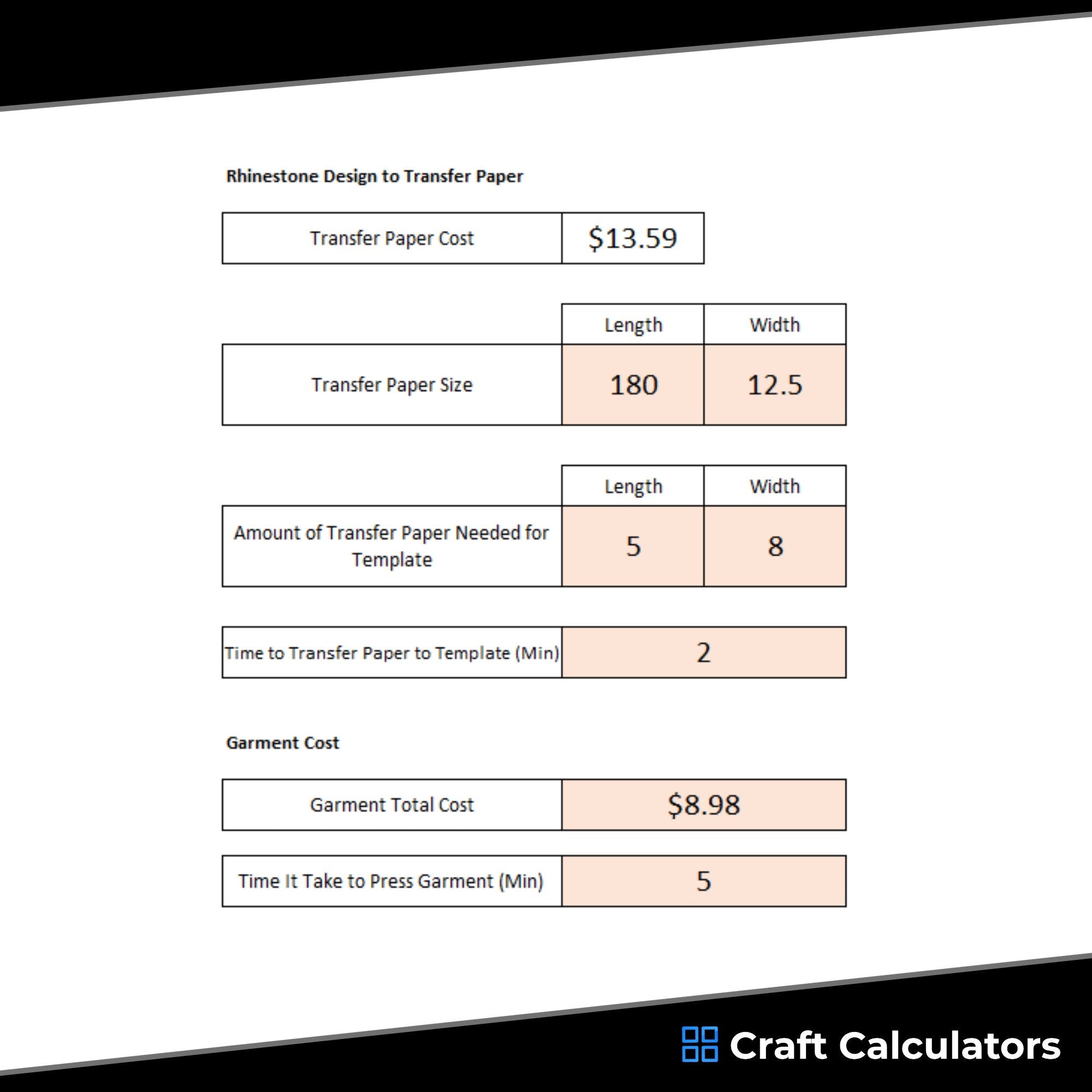 Rhinestone Single Garment Cost Calculator- Using Flock Sheets | Rhinestone Product Calculator Spreadsheet