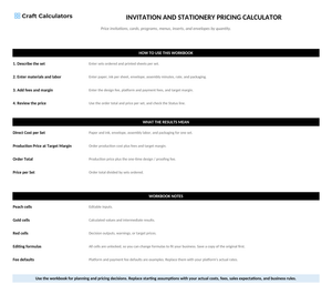 Invitation and Stationery Pricing Calculator instructions tab explaining how to use the workbook and what the results mean