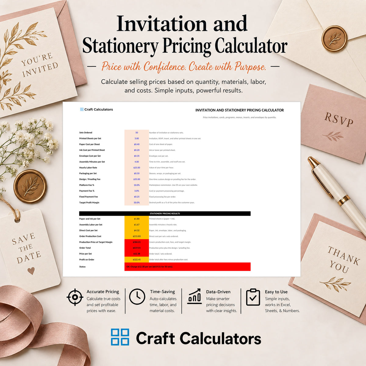 Invitation and Stationery Pricing Calculator spreadsheet by Craft Calculators for paper crafters