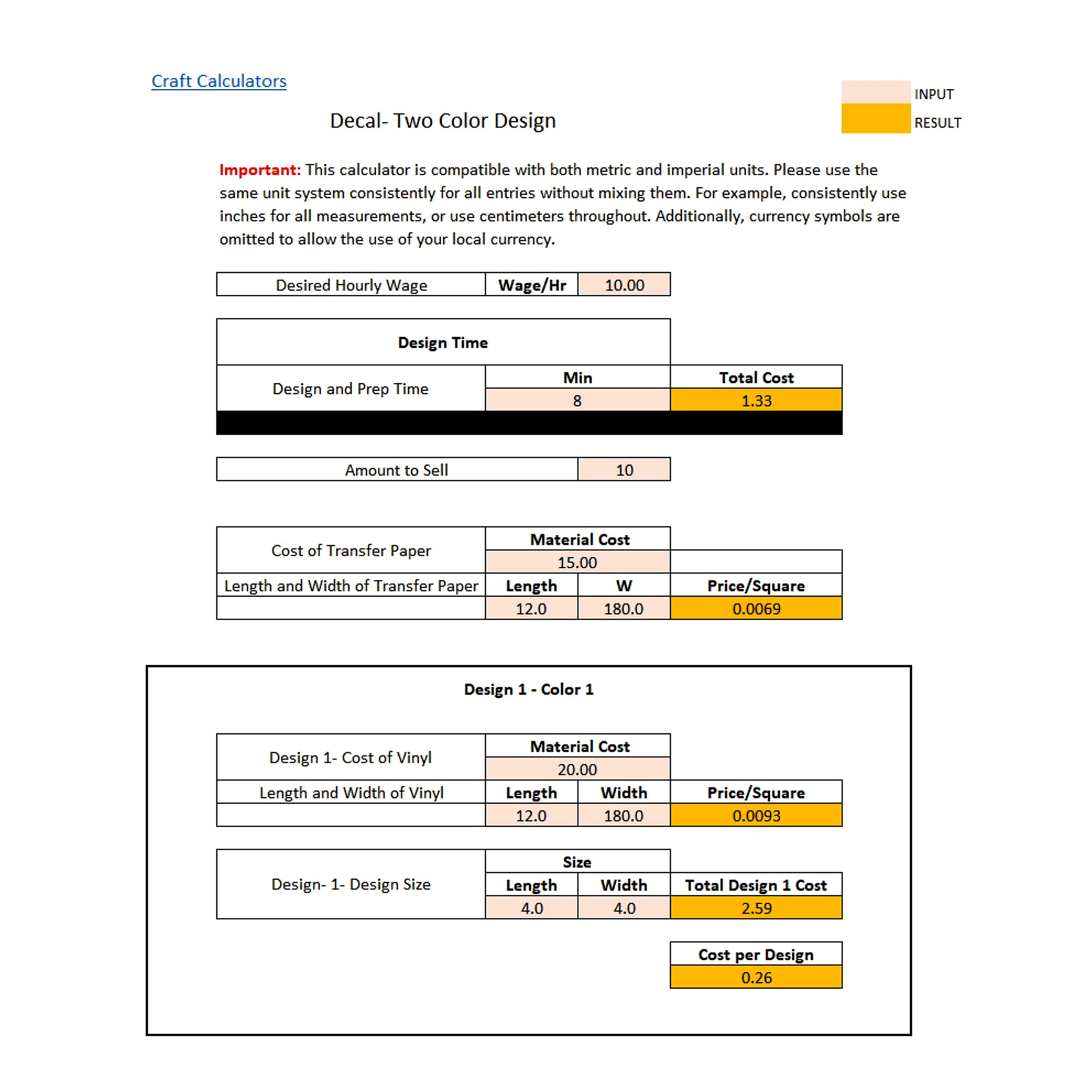 2 Color Vinyl Decal Cost Spreadsheet