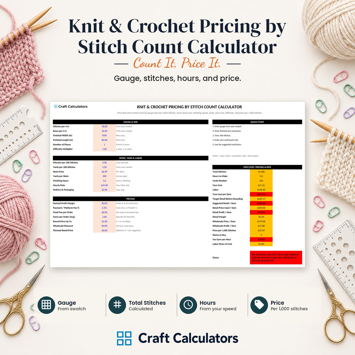 Knit & Crochet Pricing by Stitch Count Calculator spreadsheet by Craft Calculators for handmade sellers