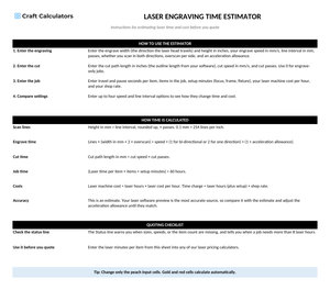 Laser Engraving Time Estimator instructions tab explaining how to use the workbook and what the results mean
