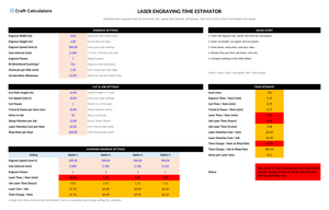 Laser Engraving Time Estimator screenshot showing inputs, calculated results, and status line