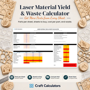 Laser Material Yield & Waste Calculator spreadsheet by Craft Calculators for laser engraving businesses