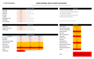 Laser Material Yield & Waste Calculator screenshot showing inputs, calculated results, and status line