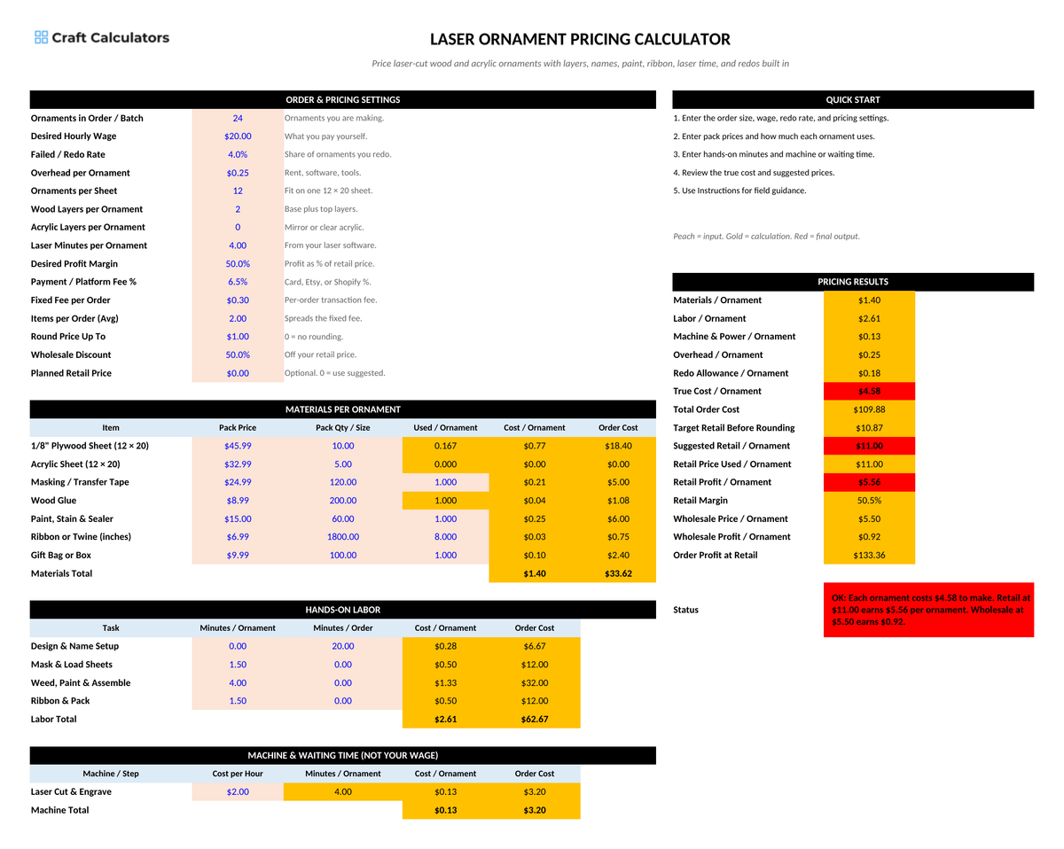 Laser Ornament Pricing Calculator screenshot showing inputs, calculated results, and status line