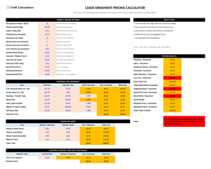 Laser Ornament Pricing Calculator screenshot showing inputs, calculated results, and status line