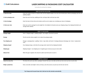 Laser Shipping & Packaging Cost Calculator instructions tab explaining how to use the workbook and what the results mean