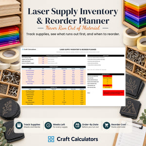 Laser Supply Inventory & Reorder Planner spreadsheet by Craft Calculators for laser engraving businesses