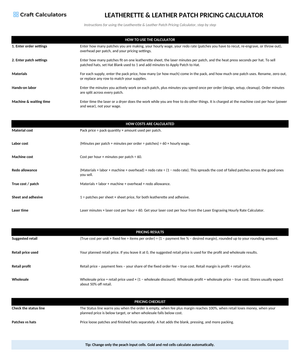 Leatherette & Leather Patch Pricing Calculator instructions tab explaining how to use the workbook and what the results mean