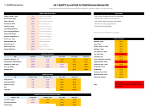 Leatherette & Leather Patch Pricing Calculator screenshot showing inputs, calculated results, and status line